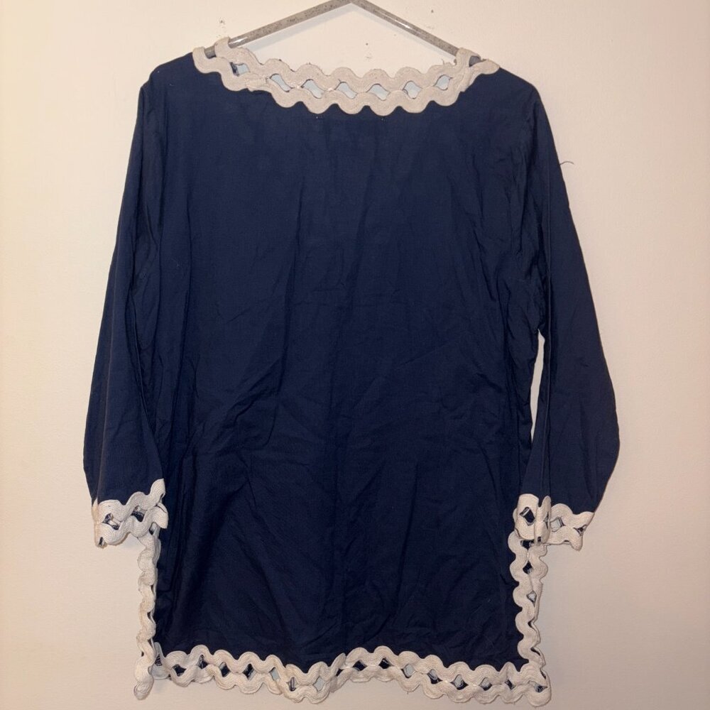 Gretchen Scott Womens L Tunic Blouse Swim Cover Navy w/ White Ric Rac - Picture 6 of 6